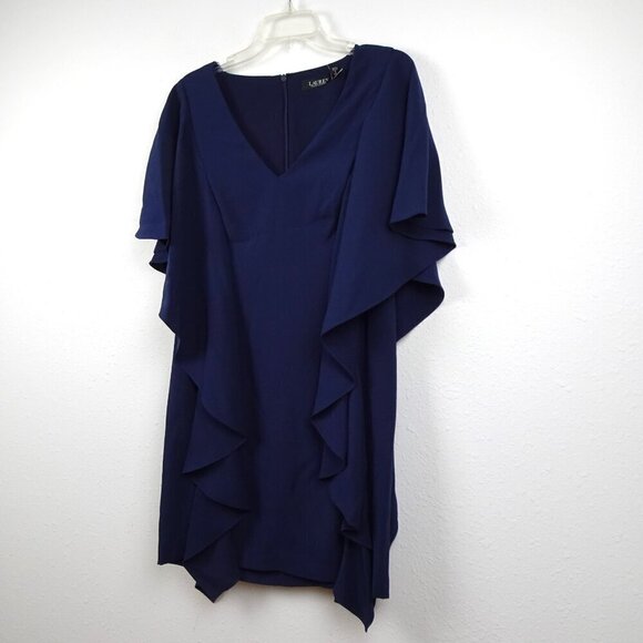 Ralph Lauren Ruffled Dress Women's Size 4 Blue Office Career Party V-Neck - Picture 3 of 8